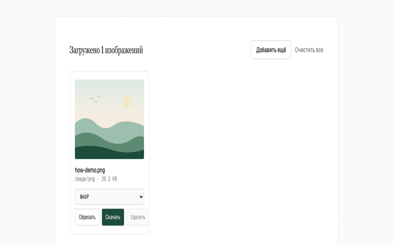 Карточка изображения с меню формата вывода, переключённым на WebP