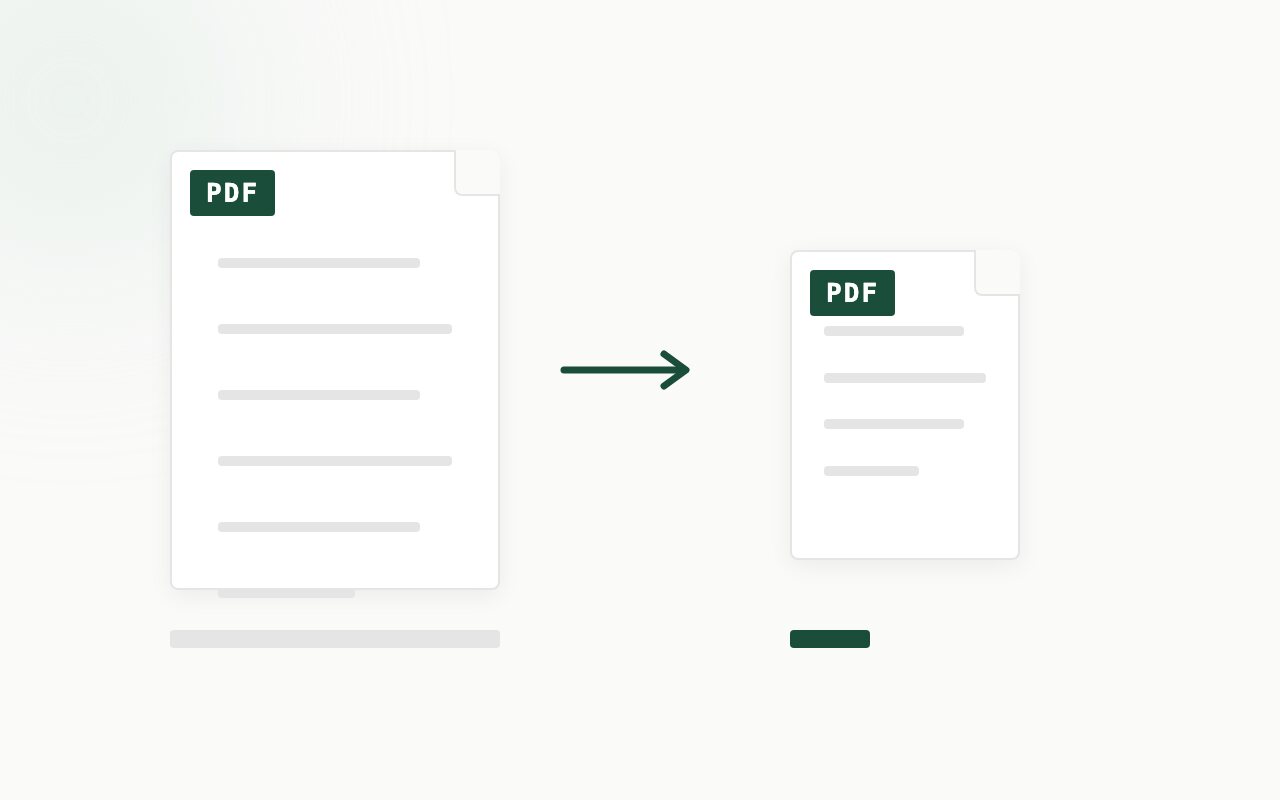 A large PDF shrinking into a smaller one, with file-size bars compared