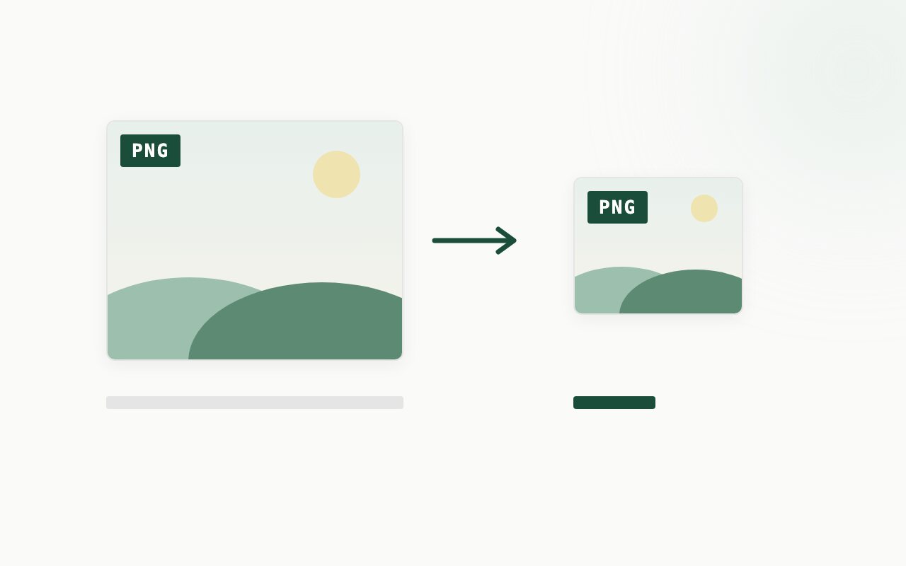 A large PNG image shrinking into a much smaller one, with file-size bars compared