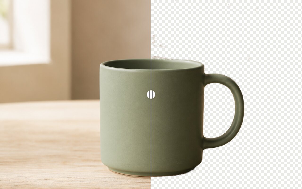Split view of a mug photo: original on the left, background removed to transparency on the right