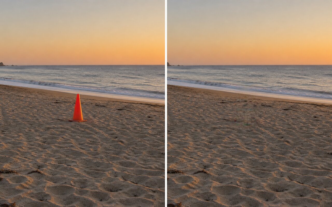 Two beach photos side by side: a traffic cone on the sand in the left one, removed in the right one