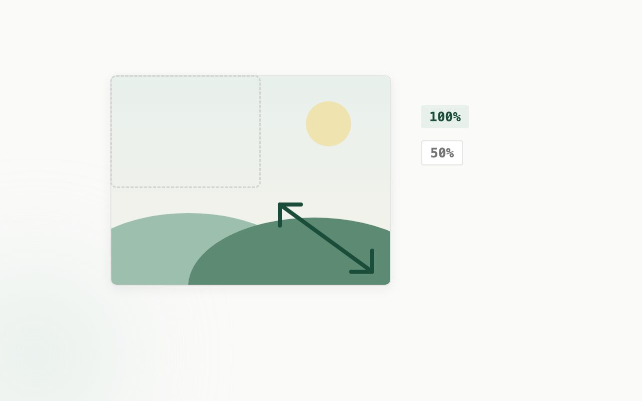 A photo with a dashed smaller outline and a diagonal resize arrow between 100% and 50%