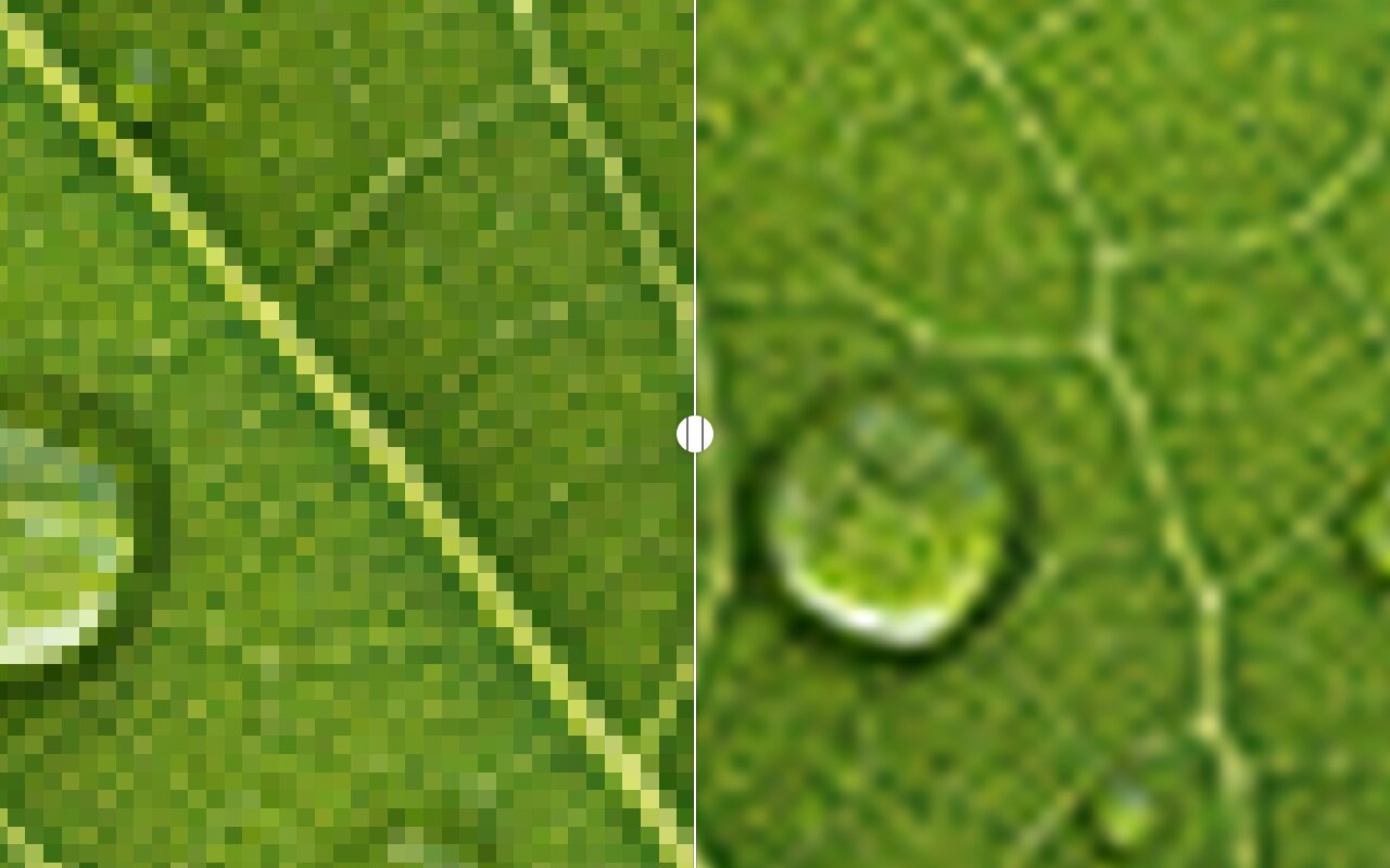 Zoomed comparison of a leaf photo: pixelated original on the left, sharp AI-upscaled detail on the right