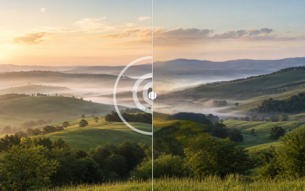 Landscape photo split in half: a watermark ring visible on the left, cleanly removed on the right